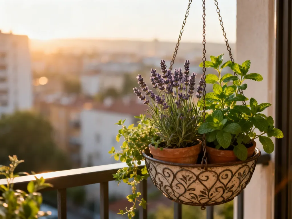 Słoneczny balkon z doniczkami lawendy i mięty, które naturalnie odstraszają osy.