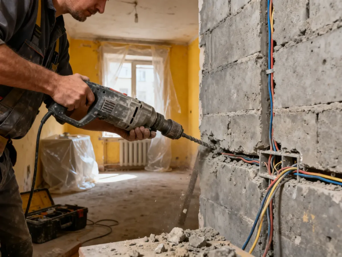 Elektryk wykonujący bruzdy pod przewody w betonowej ścianie mieszkania
