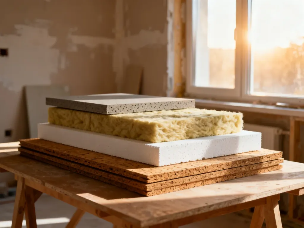 Różnorodne materiały do izolacji termicznej, takie jak wełna mineralna, styropian i korek, przygotowane do ocieplenia ściany.