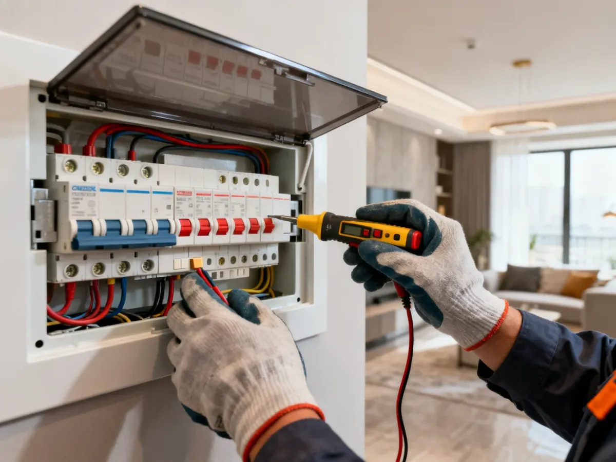 Elektryk sprawdzający rozdzielnicę elektryczną i zabezpieczenia