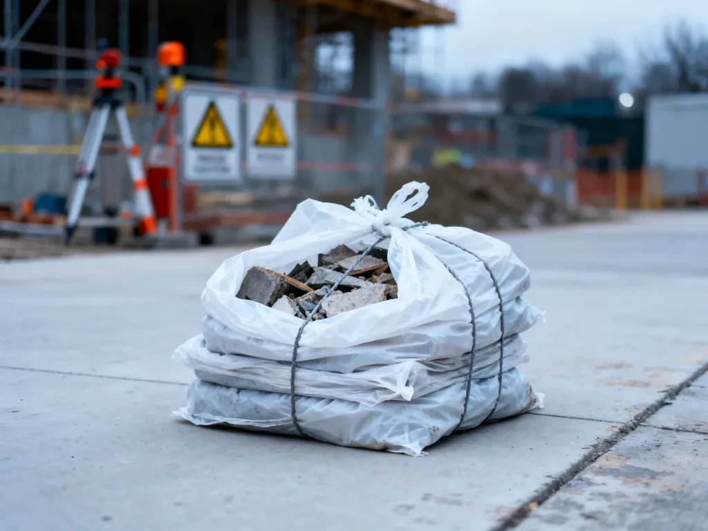 Zabezpieczone odpady budowlane w specjalnych workach na terenie składowiska niebezpiecznych materiałów.