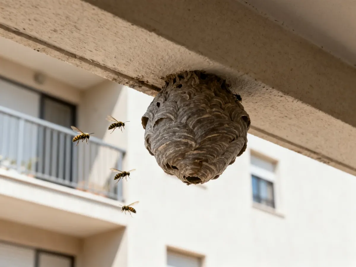 Papierowe gniazdo os pod balkonową podbitką