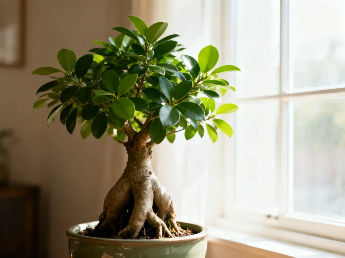 Zdrowy Ficus Ginseng w doniczce ustawiony przy jasnym oknie