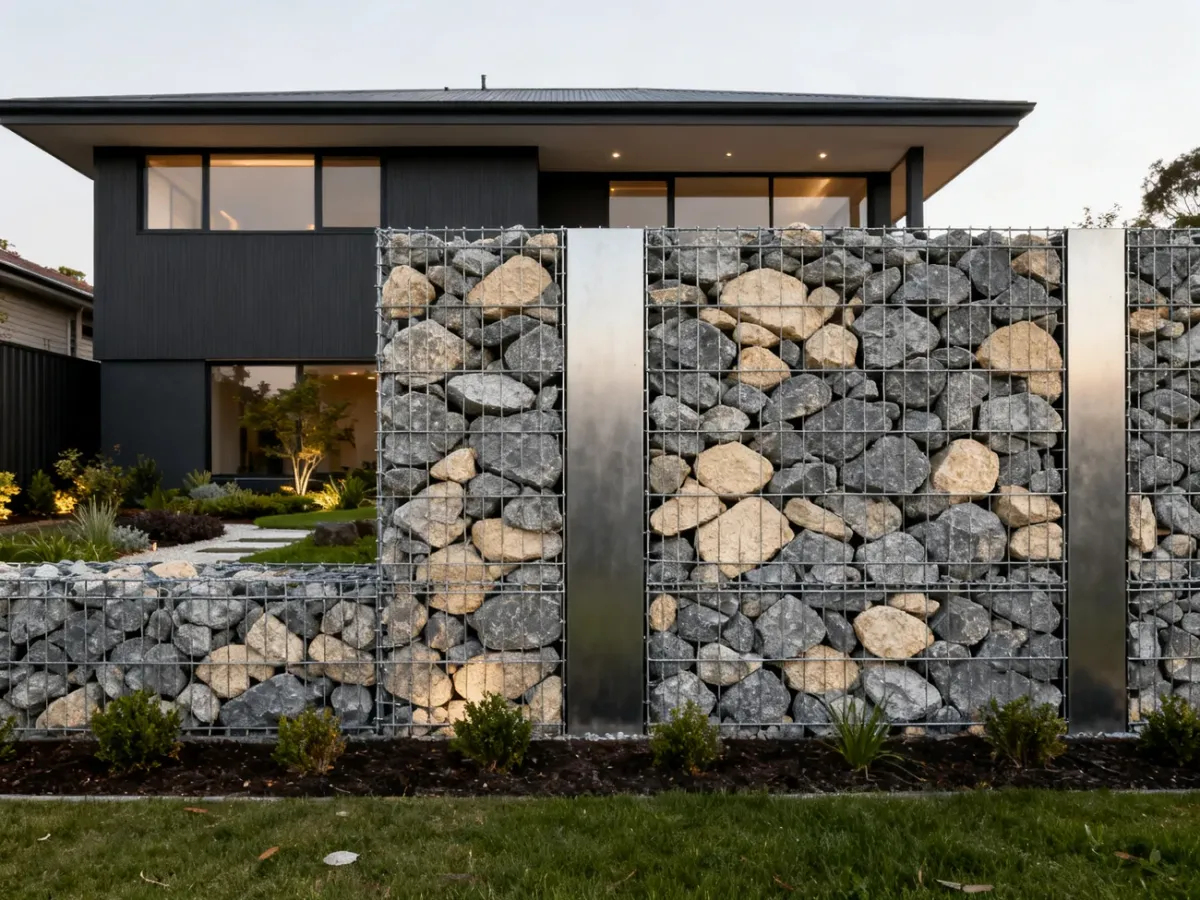 Gabion fence with stone-filled metal baskets beside a modern house