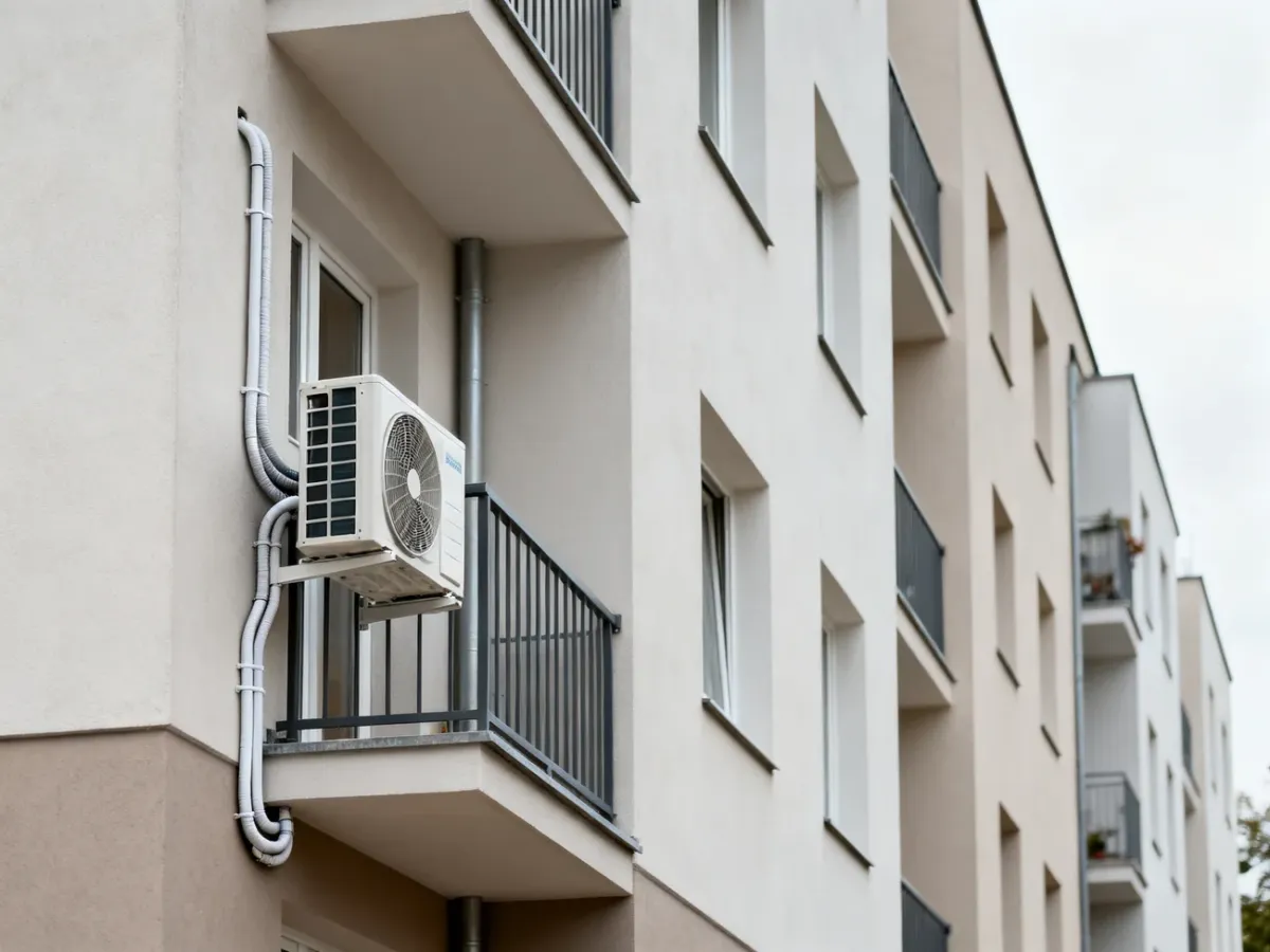 Klimatyzator split zamontowany na balkonie mieszkania w bloku