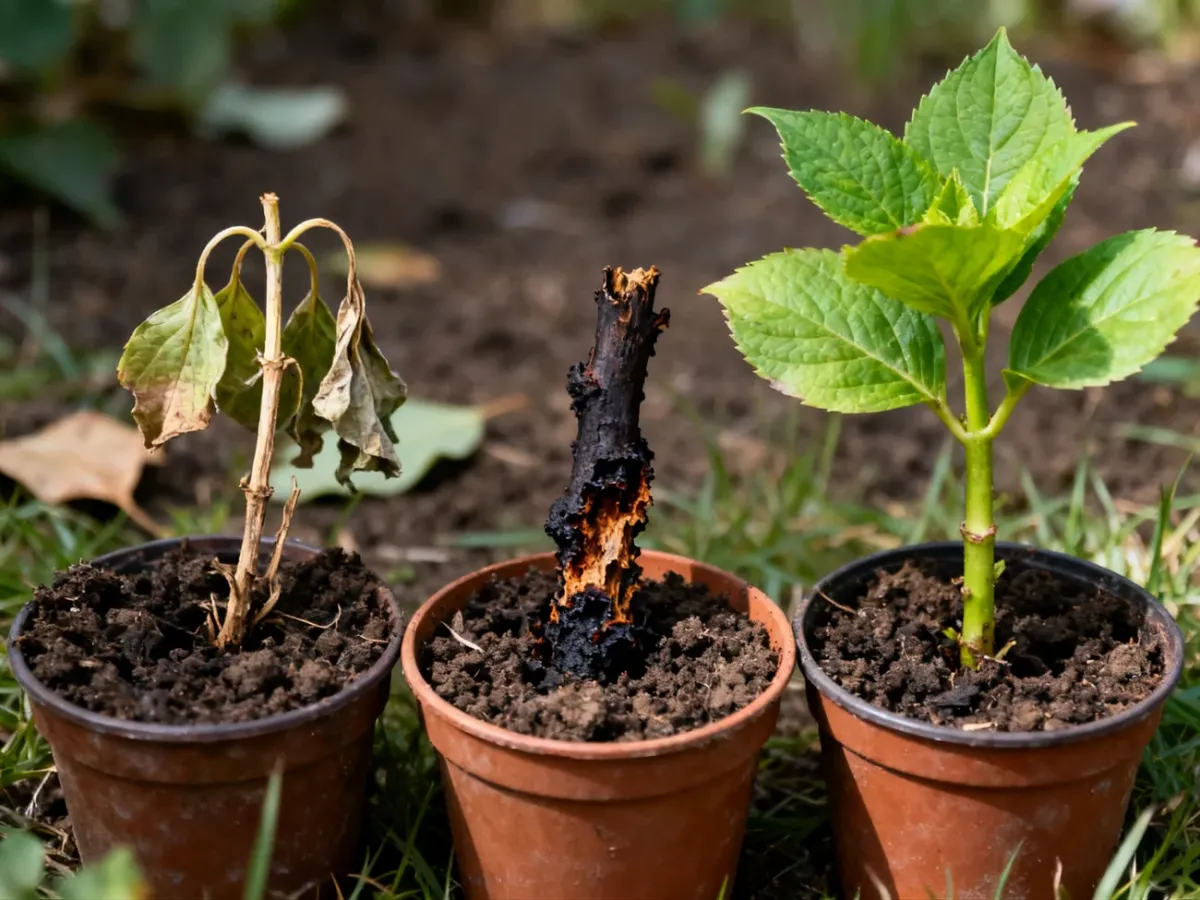 Porównanie zdrowej sadzonki hortensji z więdnącą i gnijącą