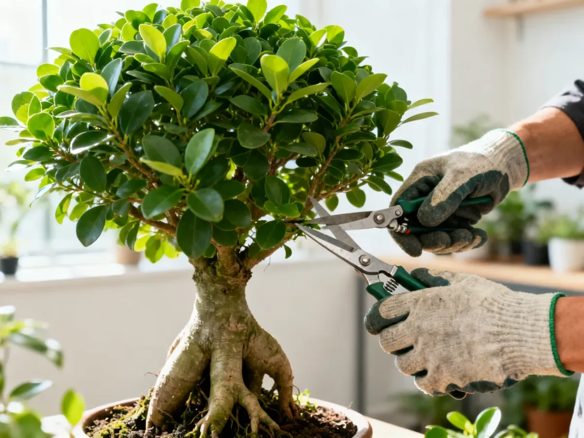 Przycinanie korony Ficus Ginseng w rękawiczkach