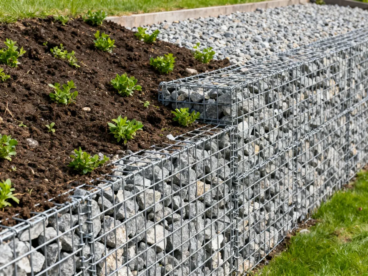 Stroma skarpa ogrodowa zabezpieczona gabionami, geokratą i roślinami