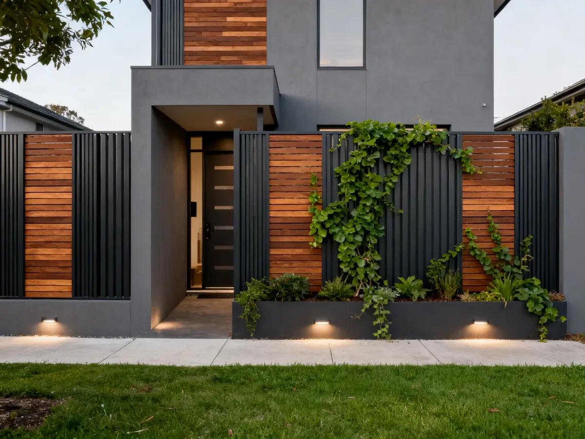 Modern mixed-material fence with greenery and integrated lighting