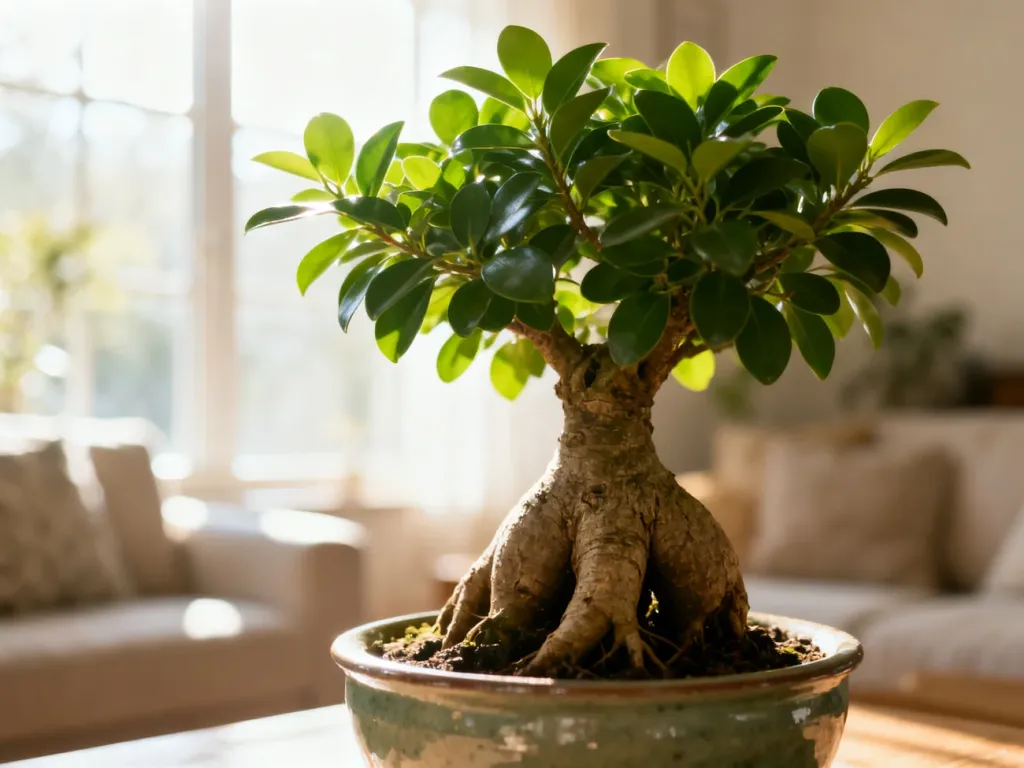 Zdrowy okaz Ficus ginseng w ceramicznej doniczce, wyeksponowany w jasnym, przytulnym wnętrzu salonu.