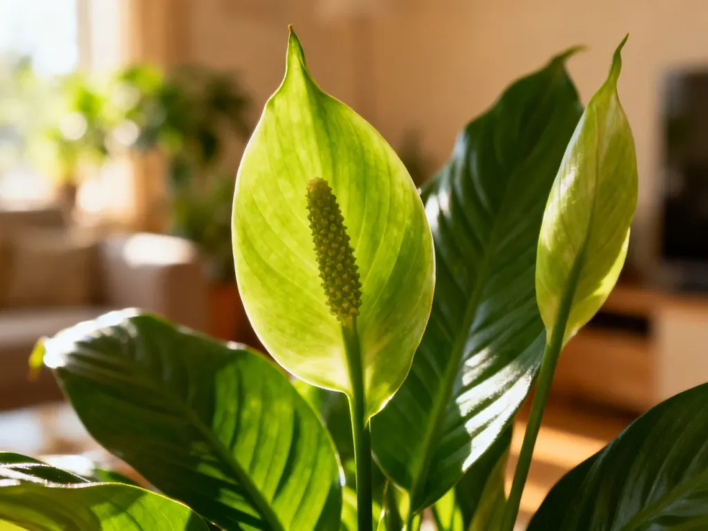 Zbliżenie na zielone kwiaty skrzydłokwiatu w naturalnym świetle, ukazujące detale botaniczne rośliny w domowym wnętrzu.