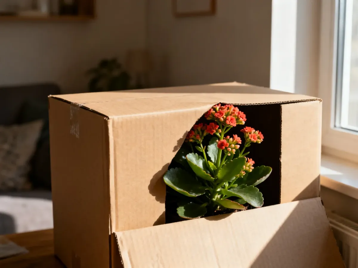 Kalanchoe przykryte kartonem podczas nocnego zaciemniania