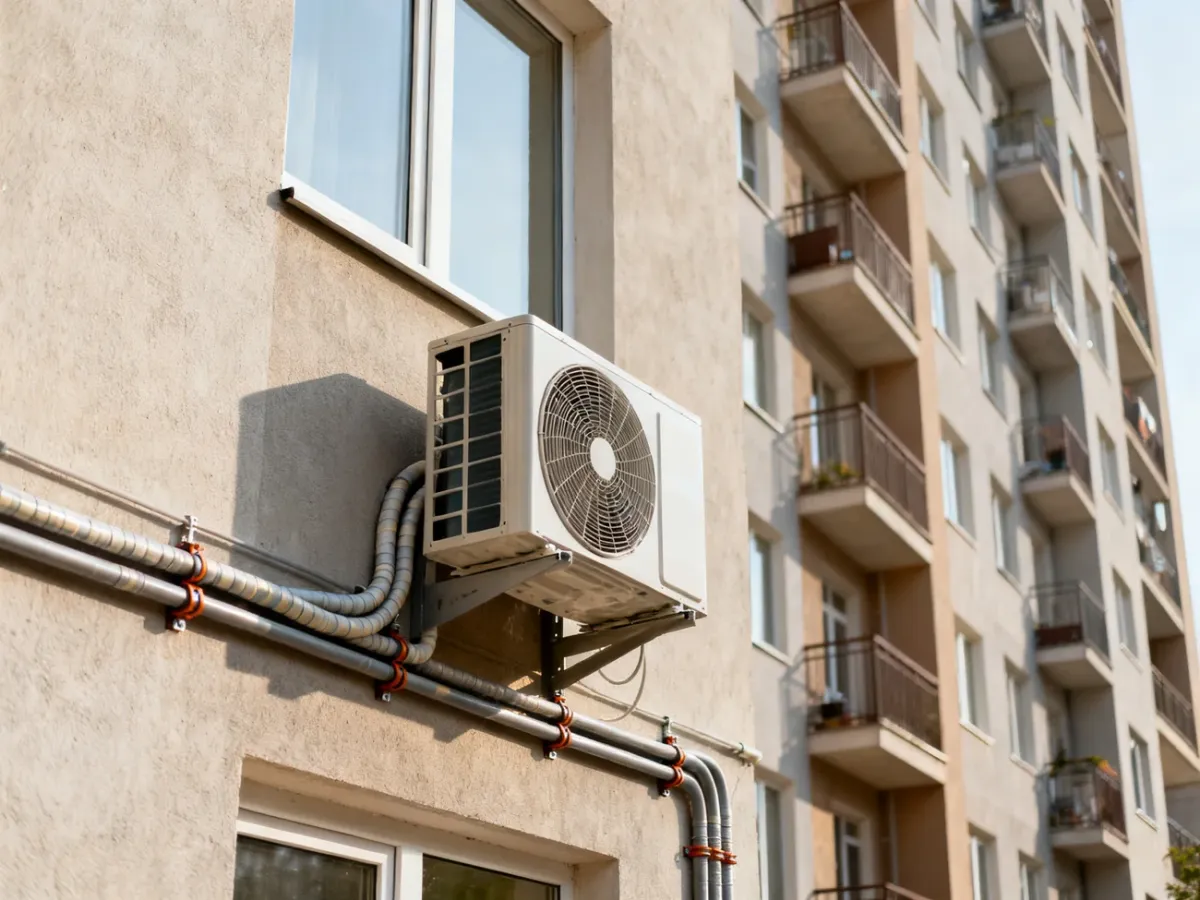 Jednostka zewnętrzna klimatyzacji zamontowana na elewacji bloku