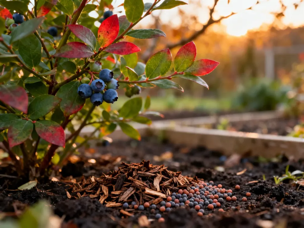 Krzew borówki amerykańskiej jesienią z widocznym nawozem zakwaszającym i ściółką organiczną na wilgotnej glebie.