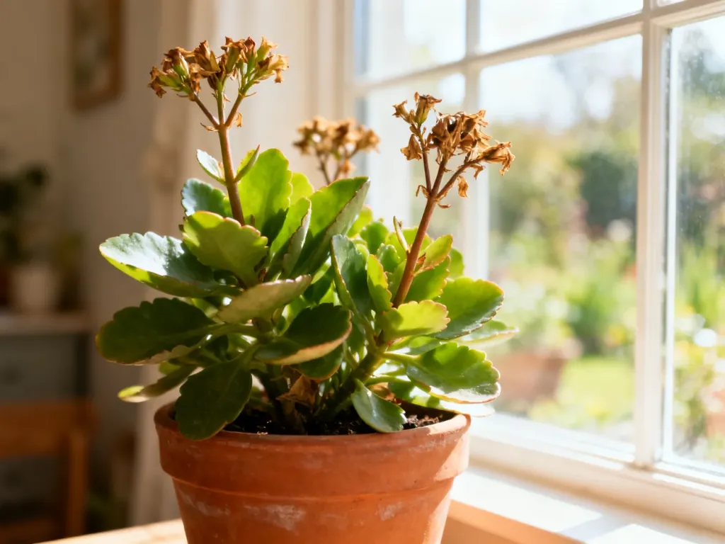 Kalanchoe w terakotowej doniczce z przekwitniętymi łodygami kwiatowymi na tle słonecznego okna.