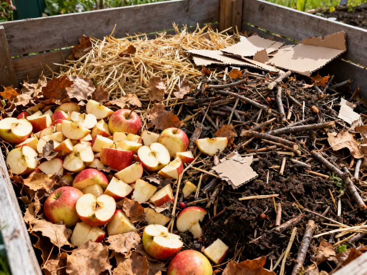 Zdrowe jabłka wymieszane z suchą materią w kompostowniku