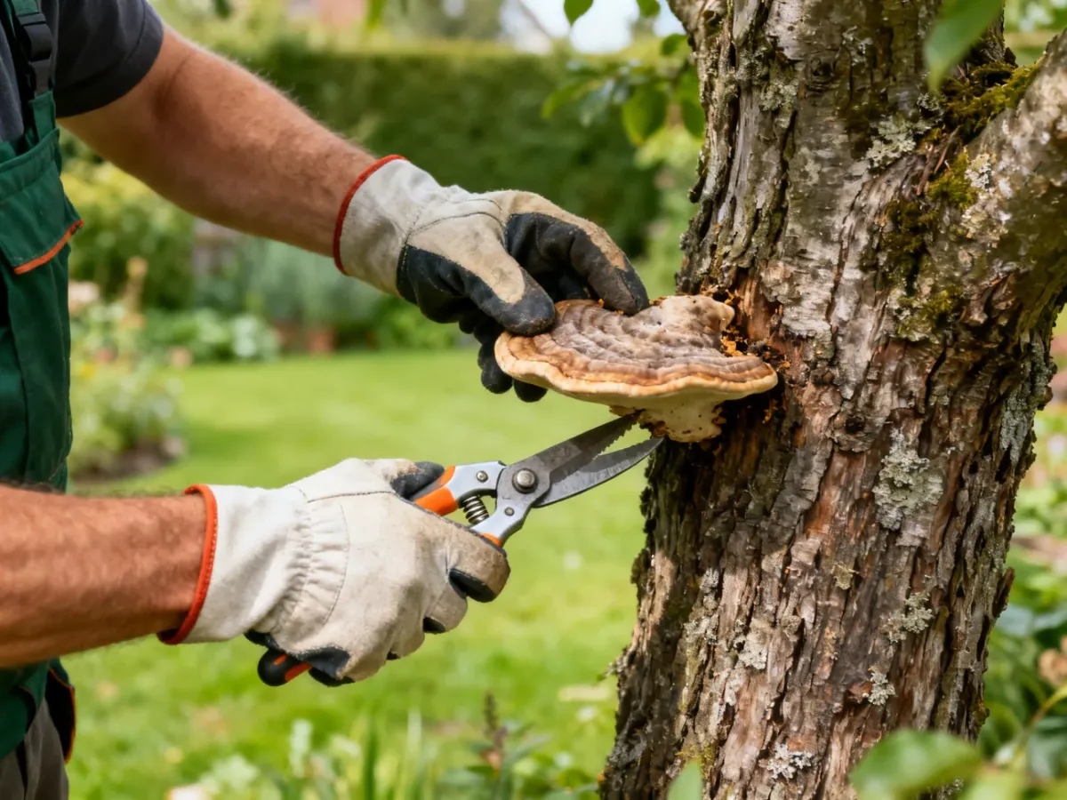 Arborysta bezpiecznie usuwa hubę z pnia drzewa