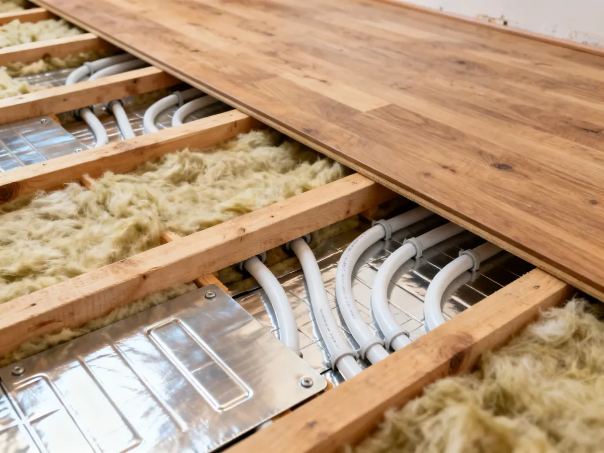 Rury PEX osadzone w aluminiowych profilach między drewnianymi legarami